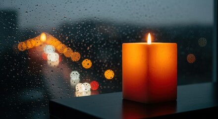 Warm candle glow illuminates rainy evening outdoors