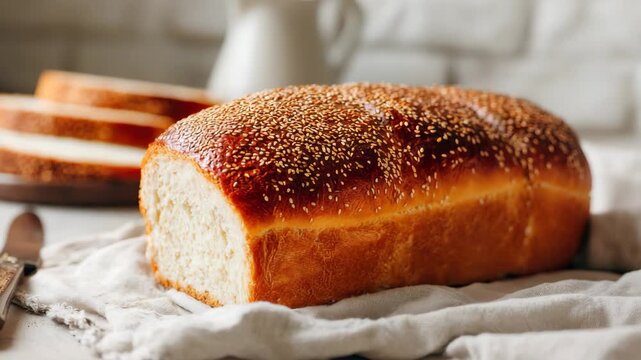 Close Up View of Fresh Baked Sesame Seed Bread Loaf on Crumpled White Cloth with Sliced Bread and White Pitcher in Background in Bright Studio