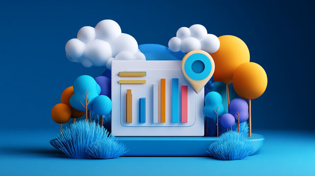 Abstract 3d data visualization with clouds and colorful elements