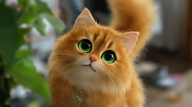 Adorable orange cat with big green eyes and fluffy tail