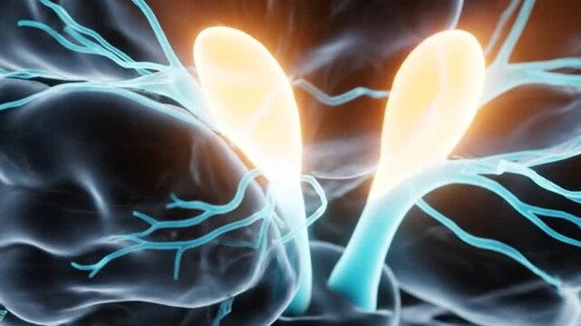 Close Up Medical Animation of Human Brain Hippocampus Showing Neural Connections and Synaptic Activity Glowing Orange and Blue