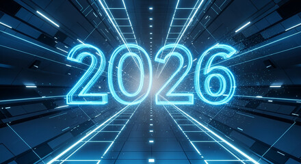 2026 Neon Blue Light in Futuristic Digital Tunnel - New Year Technology Concept