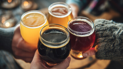 Beer, glasses, toast, craft, hands, tasting, brewery, celebration, close up of four varied beer samples in small tasting glasses, cozy bar vibe with warm lighting together cheers