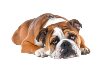 Sad English Bulldog Lying Down isolated on a transparent background
