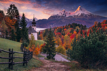 Maria Gern, Bavarian Alps, Germany. Landscape image of the Bavarian Alps with Maria Gern Church and Watzmann mountain at beautiful autumn sunrise