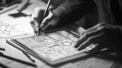 Digital Architect: Crafting Blueprints on a Tablet with Precision and Detail