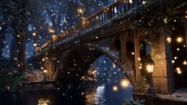 Enchanted bridge adorned with glowing lights over a reflective waterway