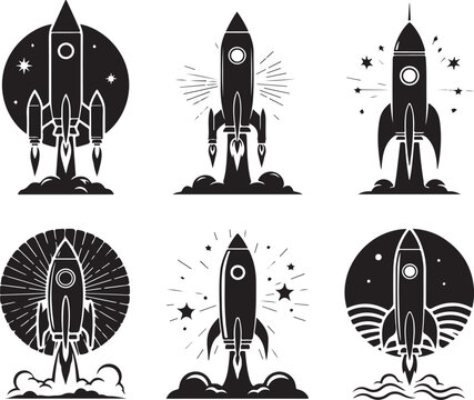 Black and white rocket launch icons set showing powerful spacecraft taking off with smoke clouds and celestial background elements