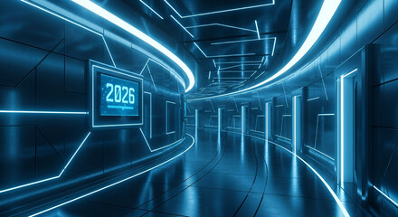 Futuristic Blue Neon Lit Corridor with 2026 Display - Technology Sci-Fi Future and Innovation