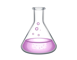 Erlenmeyer flask with light purple liquid and bubbles inside, isolated on black background