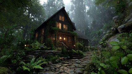 Mysterious wooden cabin nestled deep within a foggy enchanted forest