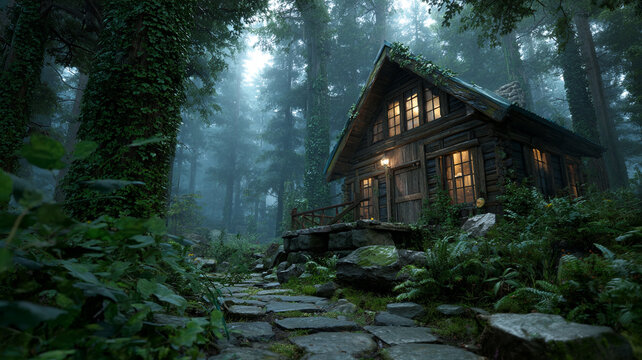 Cozy cabin nestled in a misty enchanted forest - Powered by Adobe
