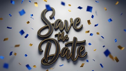 Elegant save the date announcement with gold and blue confetti for weddings, birthdays, and special events invitations and posters