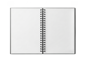 Open spiral notebook mockup template, blank pages for writing, sketching, or notes, realistic paper texture, stationery design element, isolated on transparent background