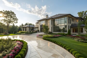 Spacious contemporary mansion with landscaped garden, marble driveway, modern geometric design, realistic sunlight reflections