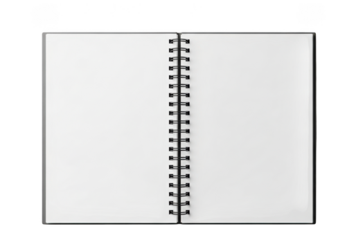 Open spiral notebook mockup template, blank pages for writing, sketching, or notes, realistic paper texture, stationery design element, isolated on transparent background