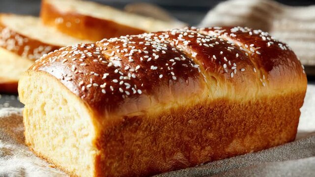 Golden Brown Braided Challah Bread with Sesame Seeds Resting on Gray Linen Cloth with Sliced Bread in Background in Warm Lighting