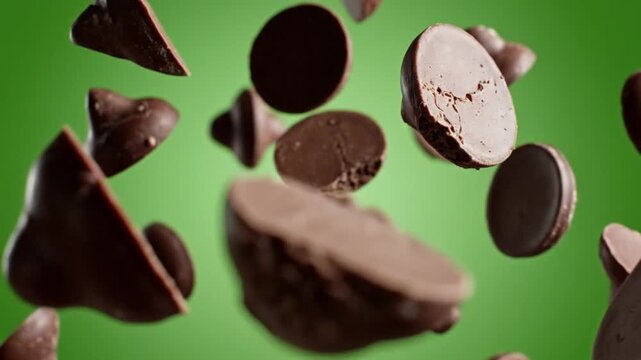 Chocolate Chips in Mid-Air: Captured in stunning detail, a collection of chocolate chips appears suspended mid-air against a vibrant green backdrop.