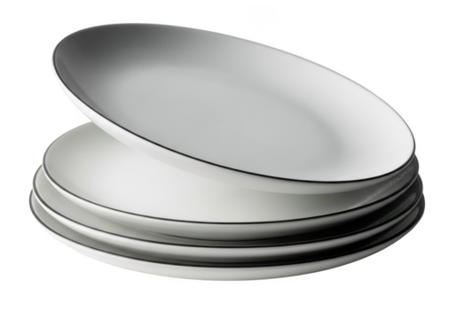 Stack of white ceramic dinner plates with black rim, modern kitchenware, tableware, dining essentials, restaurant supply isolated on transparent background