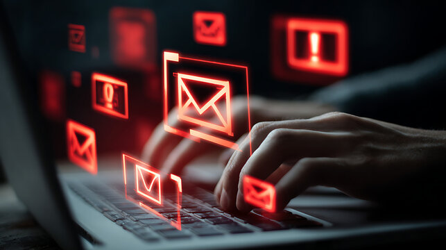 Person typing on laptop with glowing red email icons hands keyboard