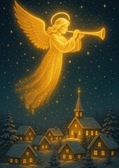 Obraz premium Celestial angel over snowy village.