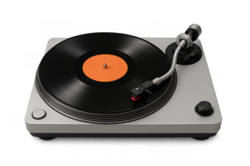 Turntable spinning a vinyl record, evoking retro music, analog sound, and timeless nostalgia on a transparent background