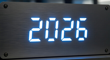Year 2026 displayed in glowing blue digital numbers on a brushed metal panel