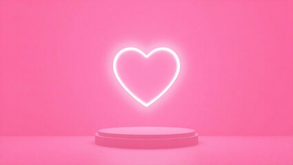 Pink neon heart above a pedestal on a pink background
