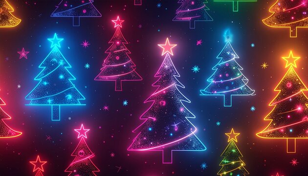 Celebrate with vibrant neon Christmas trees glowing against a dark starry sky, perfect for holiday cheer and festive designs