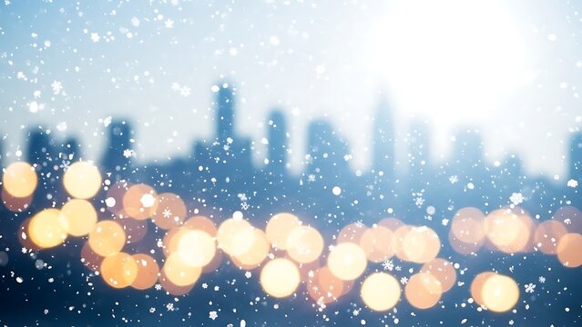 Blurred cityscape with snow falling bokeh lights winter holiday background for seasonal designs - Powered by Adobe