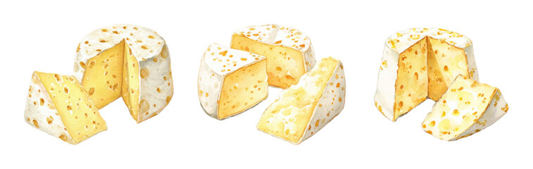 Watercolor set of hard cheese. Dairy hard cheese with cut slice. Delicious dairy food product. Hand drawn Vector illustration. Isolated design elements