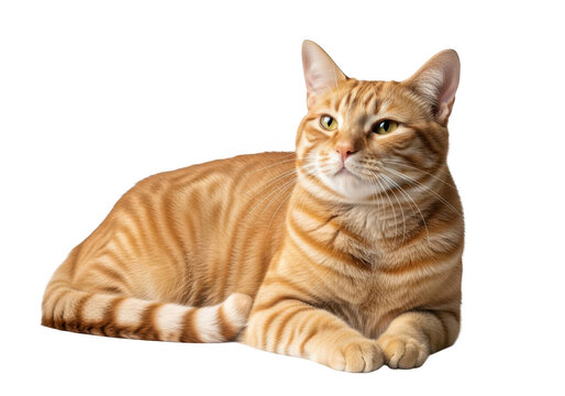 Lying orange tabby cat portrait, domestic feline pet animal image, cute ginger kitten isolated on transparent background - Powered by Adobe