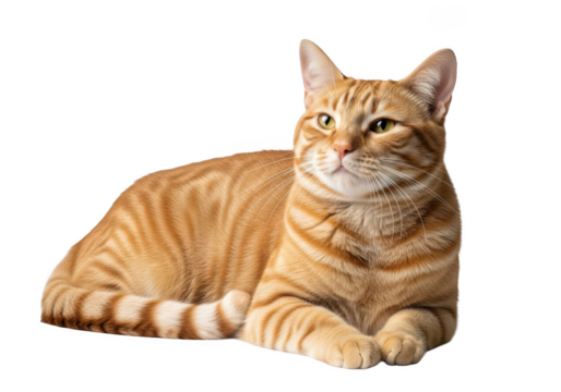 Lying orange tabby cat portrait, domestic feline pet animal image, cute ginger kitten isolated on transparent background - Powered by Adobe