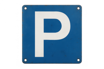 Blue parking sign with white letter p, indicating a parking zone or available parking space, transparent background
