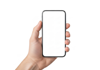 Hand holding phone mockup blank white screen mobile device smartphone template display isolated on transparent background