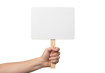 Hand holding blank sign protest mockup demonstration banner advertisement template isolated on transparent background