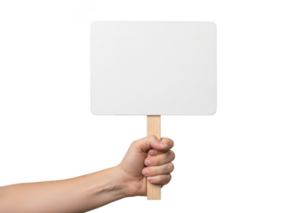 Hand holding blank sign protest mockup demonstration banner advertisement template isolated on transparent background