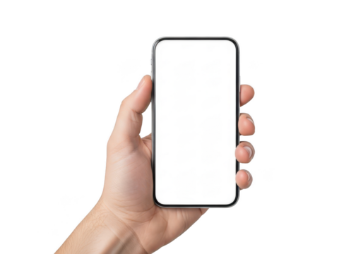 Hand holding phone mockup blank white screen mobile device smartphone template display isolated on transparent background