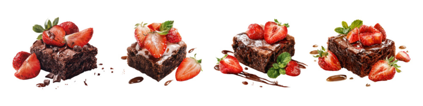 Watercolor set of chocolate brownies with strawberries. Chocolate desserts with strawberries, sprinkled with powdered sugar and decorated with mint leaves. Chocolate pastries with summer berries.