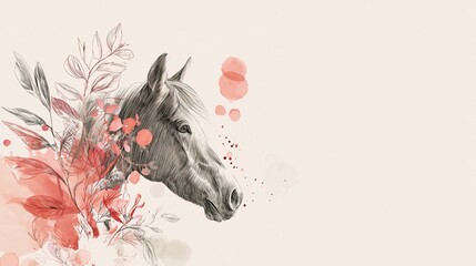 The minimalist line art of the horse's head silhouette blends seamlessly with delicate plant elements such as leaves and flowers, complemented by soft watercolor splashes and gentle pastel tones.
