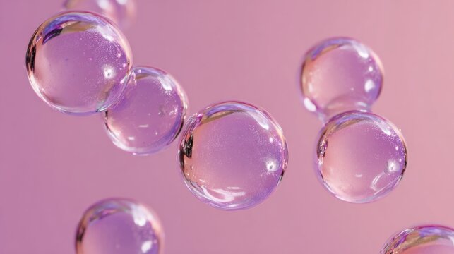Stunning pink spheres floating in a delicate dance, ideal for cosmetics, science, or wellness brands wanting to evoke a sense of purity and innovation