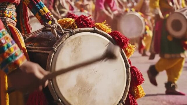 Traditional Indian Dhol Drummer Playing Rhythm During Colorful Street Festival Procession - Celebration Music