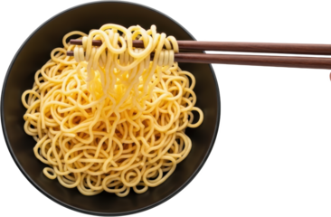 Close up of wooden chopsticks lifting cooked yellow ramen noodles from a black bowl isolated on a transparent background Food Asian food Japanese food