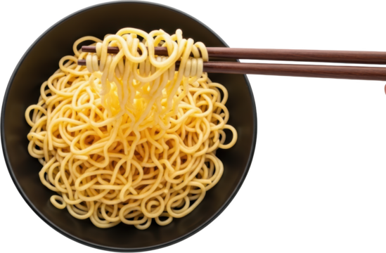 Close up of wooden chopsticks lifting cooked yellow ramen noodles from a black bowl isolated on a transparent background Food Asian food Japanese food