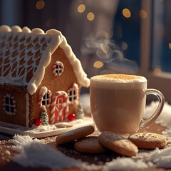 Happy holiday background for Christmas offers relaxing music ambiance. Cozy winter scene with steaming drink and gingerbread house creates festive joyful mood