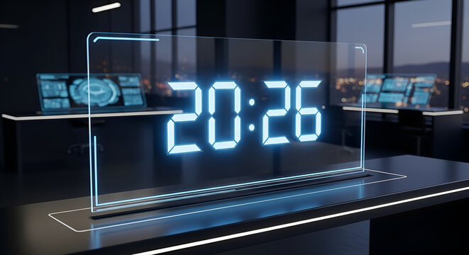 Futuristic transparent digital clock 20-26 in a modern office technology concept