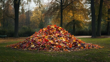 Autumnal leaf pile in park