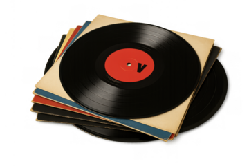 Stack of vintage vinyl records with sleeves, top record showing a red label, analog music and sound concept