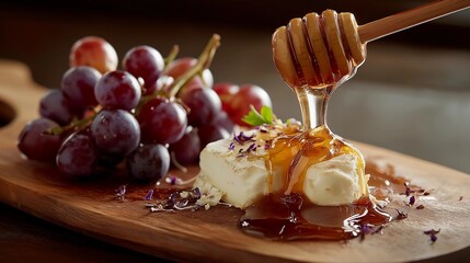 Gourmet Cheese Board Platter: Honey Drizzle on Soft Cheese with Grapes.