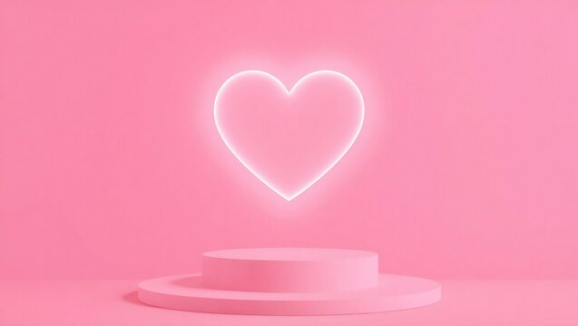 Pink neon heart glowing above a minimalist podium on a pink background - Powered by Adobe